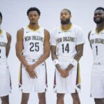 Sep 30, 2024; New Orleans, LA, USA; New Orleans Pelicans guard/forward Herb Jones (2), guard/forward Trey Murphy III (25), forward Brandon Ingram (14) and forward Zion Williamson (1) take part in Pelicans Media Day at the Smoothie King Center. Mandatory Credit: Matthew Hinton-Imagn Images