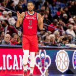 New Orleans Pelicans guard CJ McCollum (3) stands on the court against the Sacramento Kings