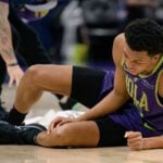 New Orleans Pelicans forward Trey Murphy III (25) reacts after falling